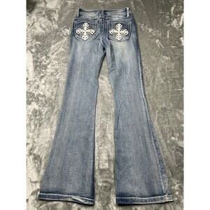 Love Soho Jeans Womens Size 1 Blue Flare Bootcut Thick Stitching Rhinestones